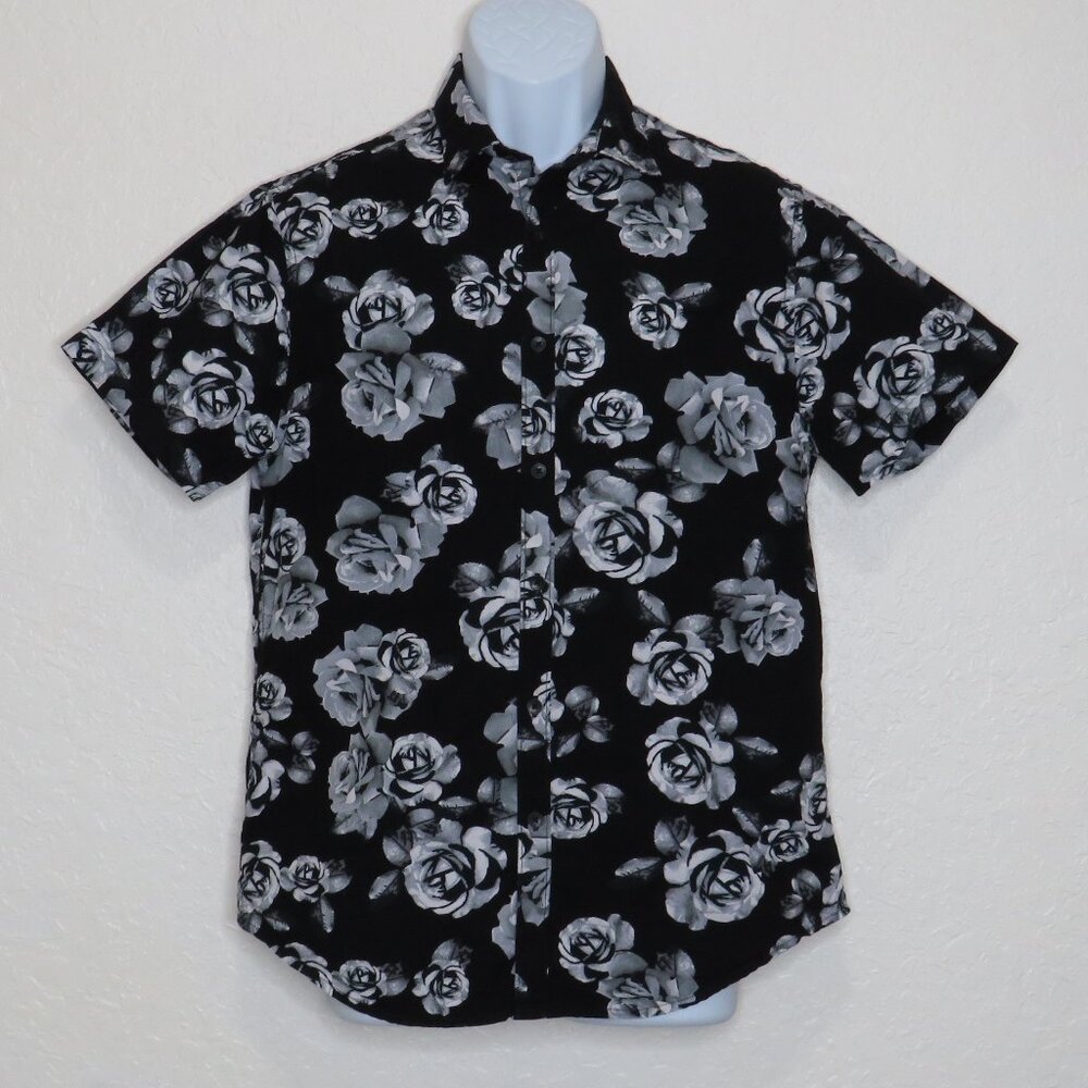 Denim & Flower* Men's Short Sleeve Button Down Curved Hem Floral Shirt~ Medium